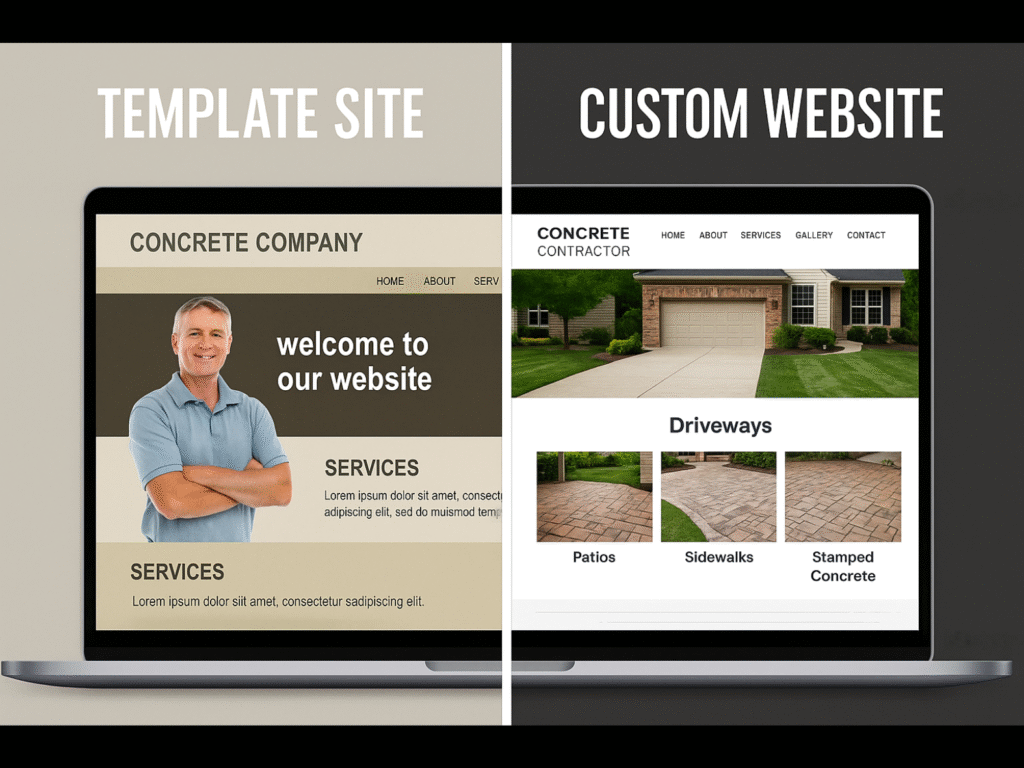 Side-by-side comparison of a generic template website with outdated design versus a modern, custom-built concrete contractor website featuring project galleries and clean navigation.