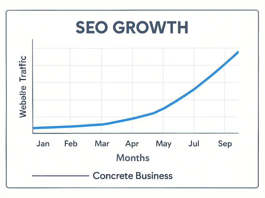 Line graph showing steady SEO growth over nine months, illustrating the long-term payoff of investing in search engine optimization for concrete contractors.